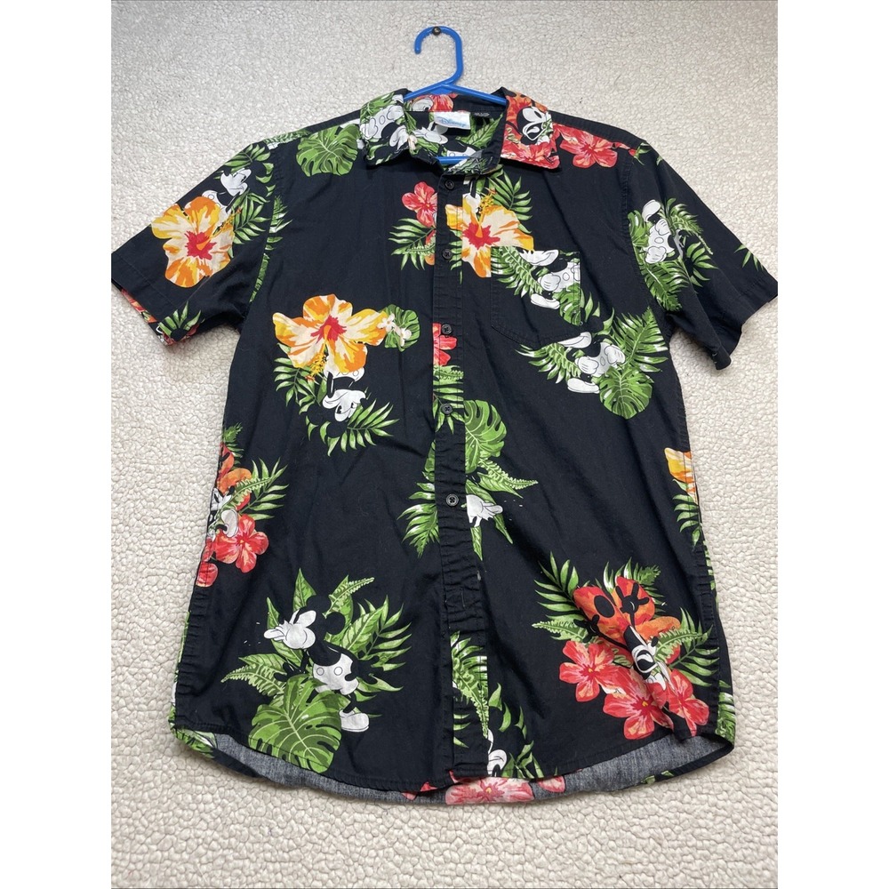 Disney Button Down Shirt Men S Black Mickey Mouse Tropical Aloha Floral Hibiscus